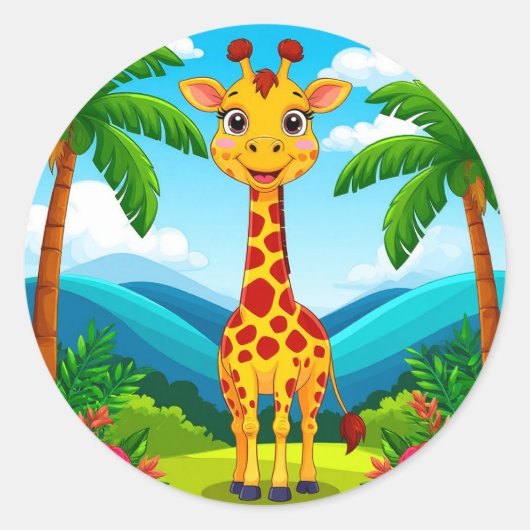 Sticker Rond Giraffe de caricatures mignonnes dans un paysage t (Devant)
