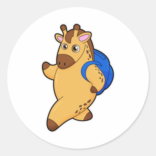 Sticker Rond Giraffe en tant qu'étudiant avec sac à dos (Devant)