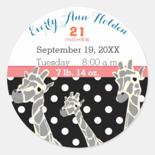 Sticker Rond Giraffe Family Baby Girl Birth Record Birth Stats
