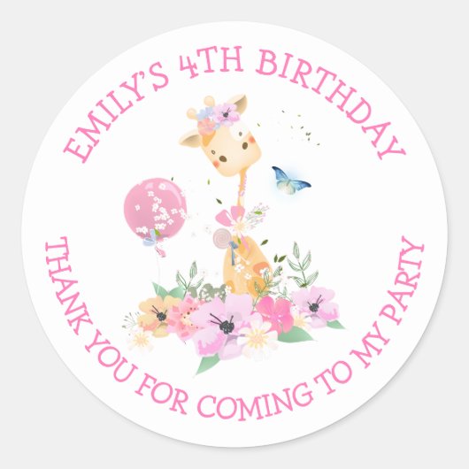 Sticker Rond Giraffe Fleurs Nom Merci Filles 4e anniversaire (Devant)