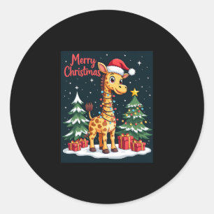 Sticker Rond Giraffe Joyeux sapin de Noël Éclairage Père Noël G