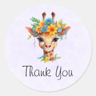 Sticker Rond Giraffe mignonne avec Merci de la Couronne florale