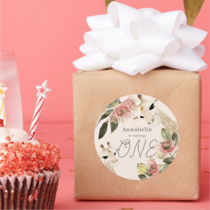 Sticker Rond Giraffe Rose Floral Girl 1er anniversaire