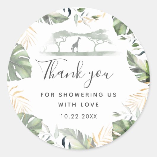 Sticker Rond Giraffe Safari Palm Feuille Baby shower Favoriser (Devant)