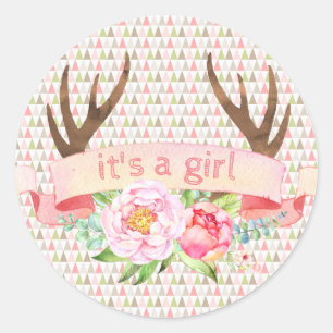 Sticker Rond Girl Antler C'Est Une Fille Tribale Baby shower St