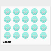 Sticker Rond Girl Aqua Turquoise Damask Ruban blanc avec nom (Feuille)