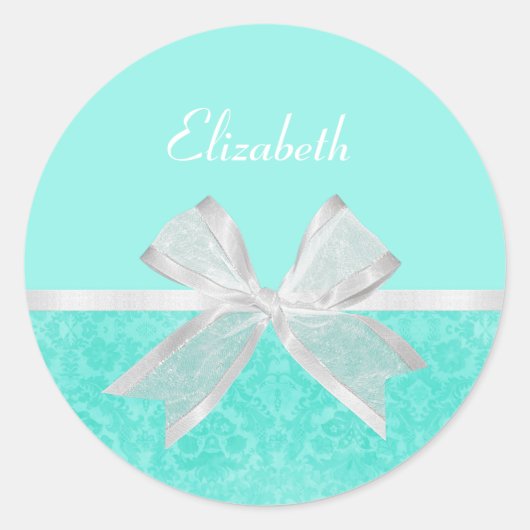 Sticker Rond Girl Aqua Turquoise Damask Ruban blanc avec nom (Devant)