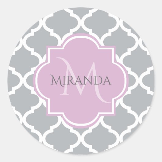 Sticker Rond Girl Grey Quatrefoil Lavender Monogramme et nom (Devant)