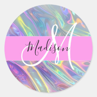 Sticker Rond Girl Rainbow Holographic Iridescente Monogramme No
