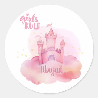 Sticker Rond Girl Rule Palace sur le nuage rose personnalisable