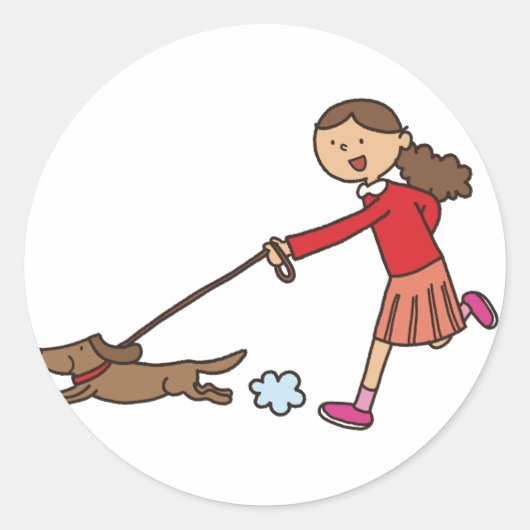 Sticker Rond Girl Walking Dog - Dog Walker - mignon dessin anim (Devant)