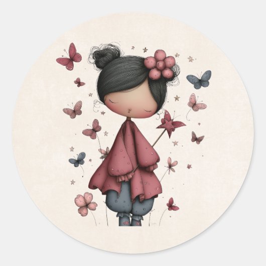 Sticker Rond Girl with Magic Wand and Butterflies (Devant)