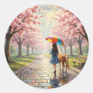 Sticker Rond Girl with Umbrella and Pony in Rainy Park