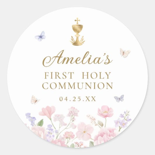 Sticker Rond Girl's First Holy Communion Pastel Floral (Devant)