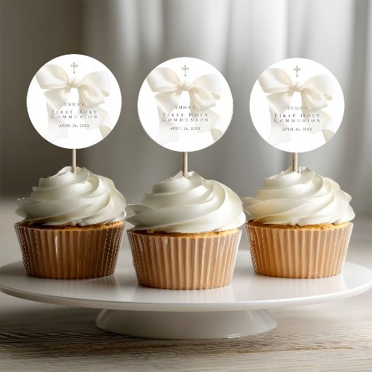 Sticker Rond Girl's First Holy Communion Stylish Ivory Bow