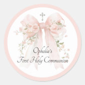 Sticker Rond Girl's Pink Bow Floral First Communion (Devant)