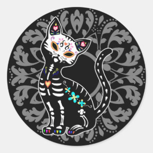 Sticker Rond Girly Day of the Dead mignon chat personnalisé