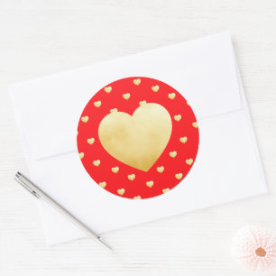 Sticker Rond Girly Hearts Gold Faux Foil Motif rouge