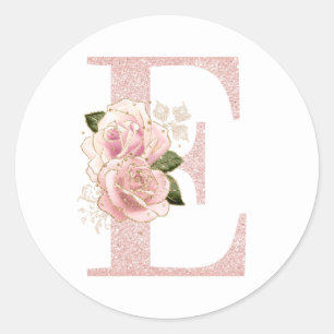 Sticker Rond Girly Rose Gold Pâle Pailleté Monogramme Floral E
