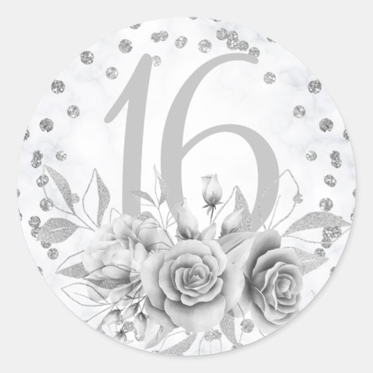 Sticker Rond Girly Sweet 16th Marble Parties scintillant argent (Devant)