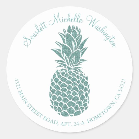 Sticker Rond Girly Turquoise Parties scintillant Ananas Adresse (Devant)