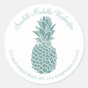 Sticker Rond Girly Turquoise Parties scintillant Ananas Adresse