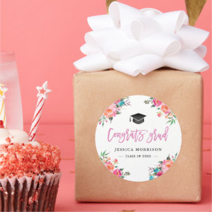Sticker Rond Girly Watercolor Floral Congrats Graduation Favor