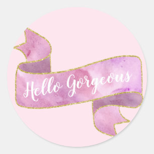 Sticker Rond Girty Pretty Blush Rose Hello Gorgeous Gold Ribbon