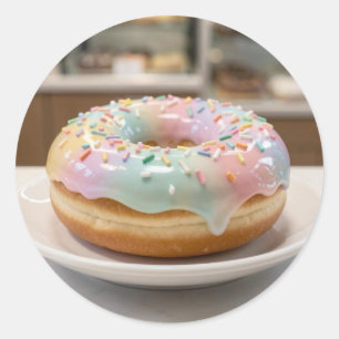 Sticker Rond Glaçage de Verre Pastel Fantaisiste Donut Brillant