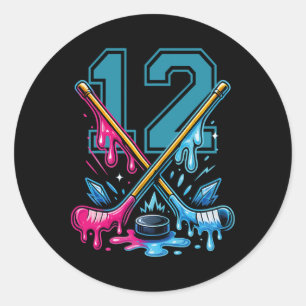 Sticker Rond Glace de 12 ans Goutte à Goutte Hockey 12e Anniver