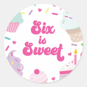 Sticker Rond Glace et gâteau Six est un doux 6ème anniversaire