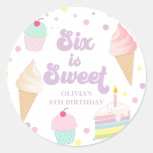 Sticker Rond Glace et gâteau Six est un sixième anniversaire do
