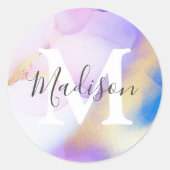 Sticker Rond Glam à aquarelle violet Nom personnalisé Monogramm (Devant)