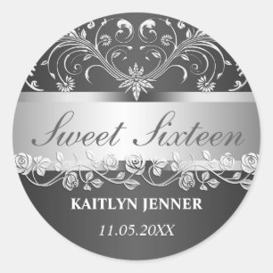 Sticker Rond Glam Black Argent Motif Floral Sweet sixteen