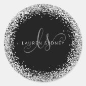 Sticker Rond Glam Black Silver Parties scintillant Nom du monog (Devant)