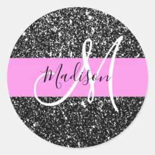 Sticker Rond Glam Chic Rose Noir Paillettes Brillantes Monogram