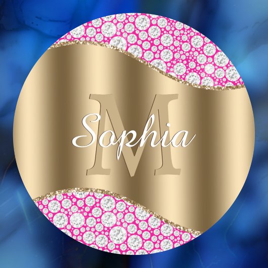 Sticker Rond Glam Diamonds Fuchsia, Monogramme Or, Nom du scrip