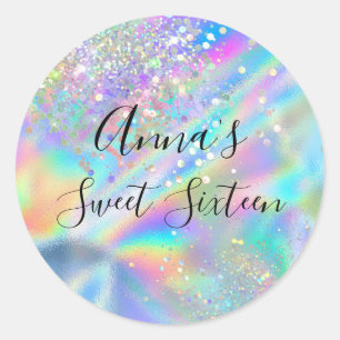 Sticker Rond Glam Faux moderne Holographique Rainbow Sweet 16