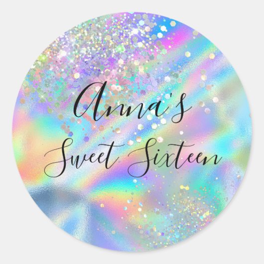 Sticker Rond Glam Faux moderne Holographique Rainbow Sweet 16 (Devant)