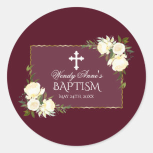 Sticker Rond Glam Gold Burgundy Blanc Floral Baptism Invitation