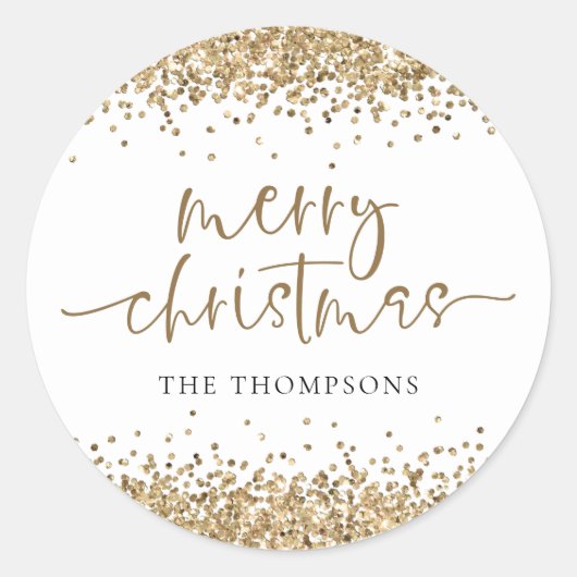 Sticker Rond Glam Gold Nom de la Parties scintillant Joyeux Noë (Devant)