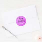 Sticker Rond Glam Happy Birthday Purple Parties scintillant Nom (Enveloppe)