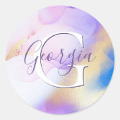 Sticker Rond Glam Lilac Gold Abstrait Peinture Élégant Monogram (Devant)