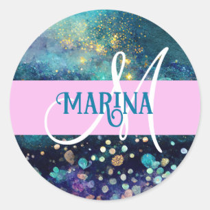 Sticker Rond Glam Mermaid Aqua Gold Parties scintillant étincel