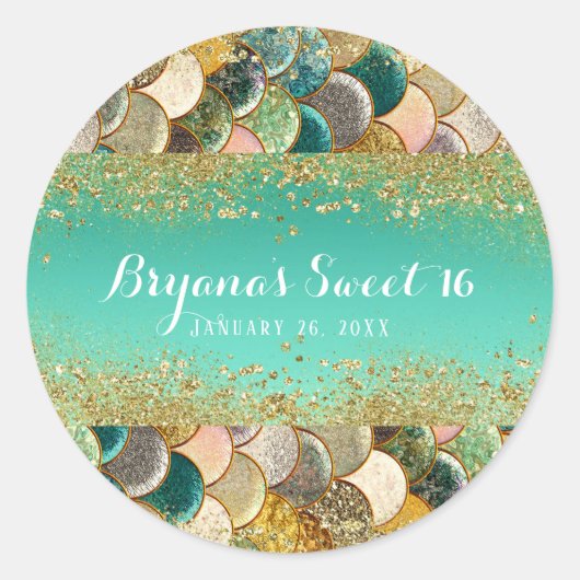Sticker Rond Glam Mermaid Gold Turquoise échelles Anniversaire  (Devant)