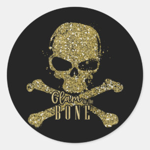 Sticker Rond Glam noir jusqu'à l'os Paillettes dorées Crâne