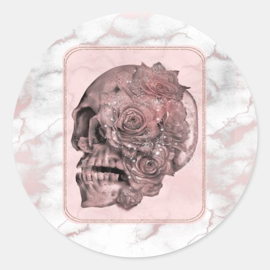 Sticker Rond Glam Rose Gold Crâne Marbre Rose Fête (Devant)