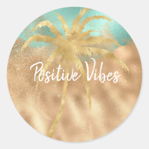Sticker Rond Glam Tropical Gold Aqua Glitz Palm Tree