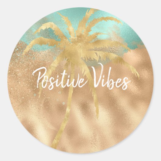 Sticker Rond Glam Tropical Gold Aqua Glitz Palm Tree (Devant)