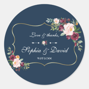 Sticker Rond GlamGold Burgundy Blush Floral Navy Blue Mariage